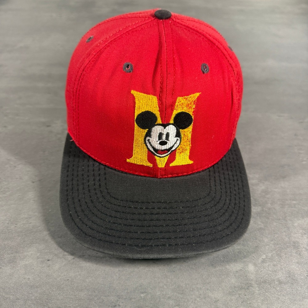 Vintage 90s Disney Store Mickey Mouse Snapback Hat Mens Red Black USA Made